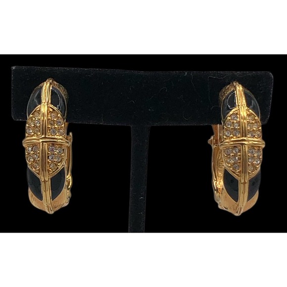 Swarovski Brand Gold Plated Black Enamel Clear Crystal Hoop Clip-On Earrings - Picture 7 of 9